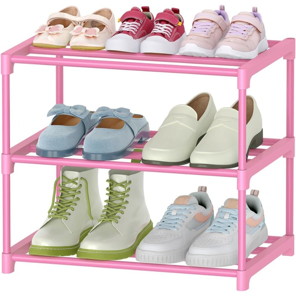 3-Tier Pink Shoe Racks for Women/Girls/Kids' Closet, Small Shoe Storage for 5-7