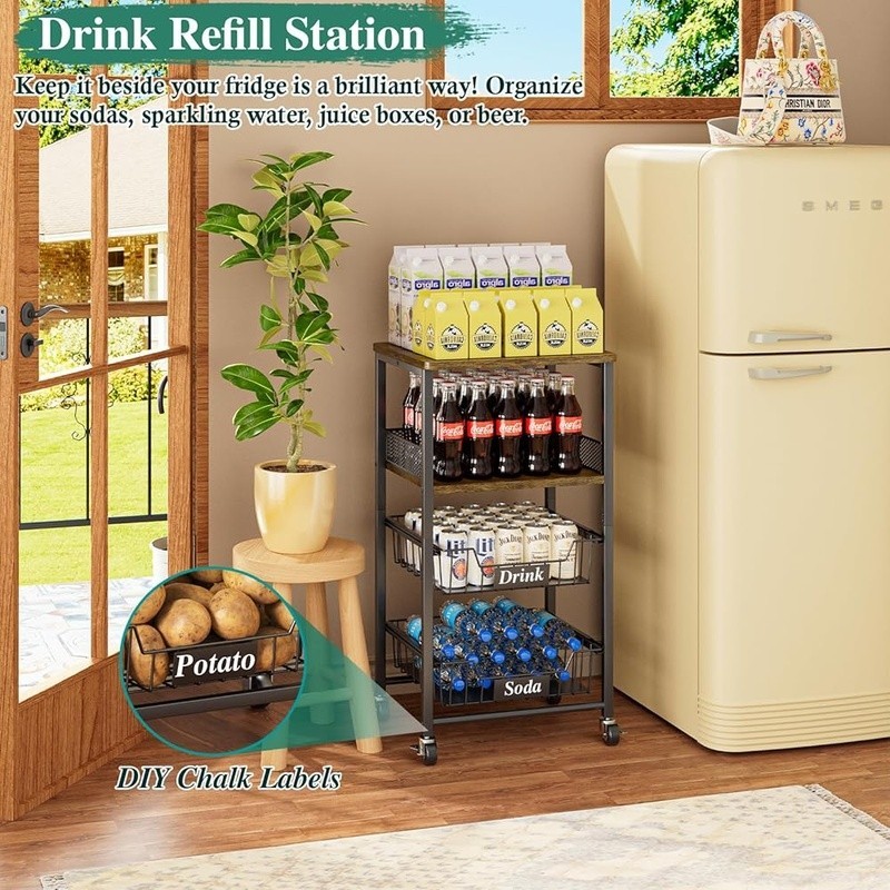 Rolling Kitchen Cart W/ Pull-Out Baskets Snack Organizer Fruit Storage New