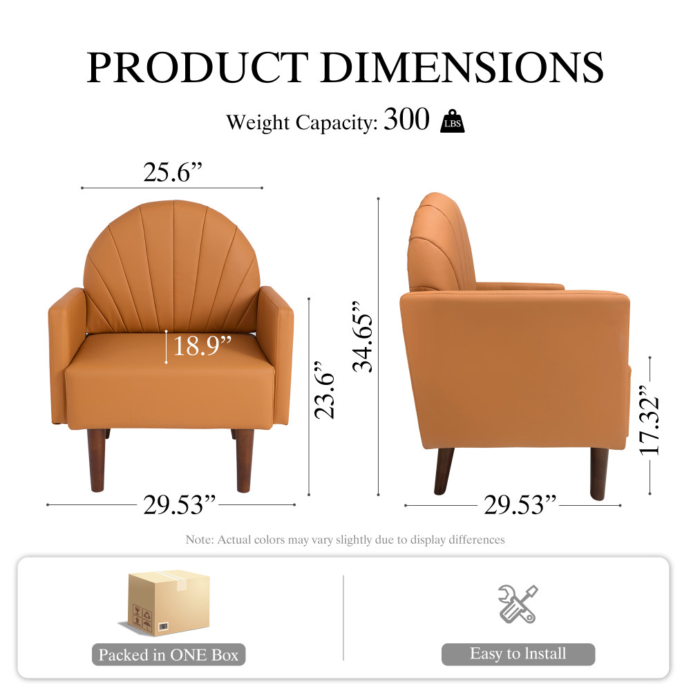 Orange PU Leather Accent Armchair with Plush Pillow & Wood Legs
