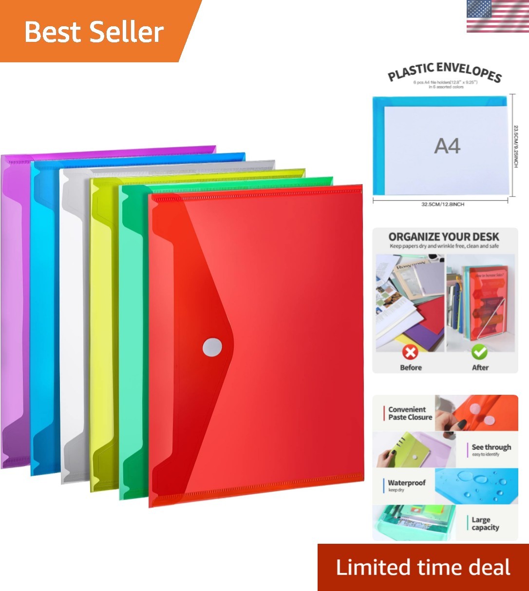 6-Pack Rainbow Plastic File Folders - A4 & Letter Size, Clear Design