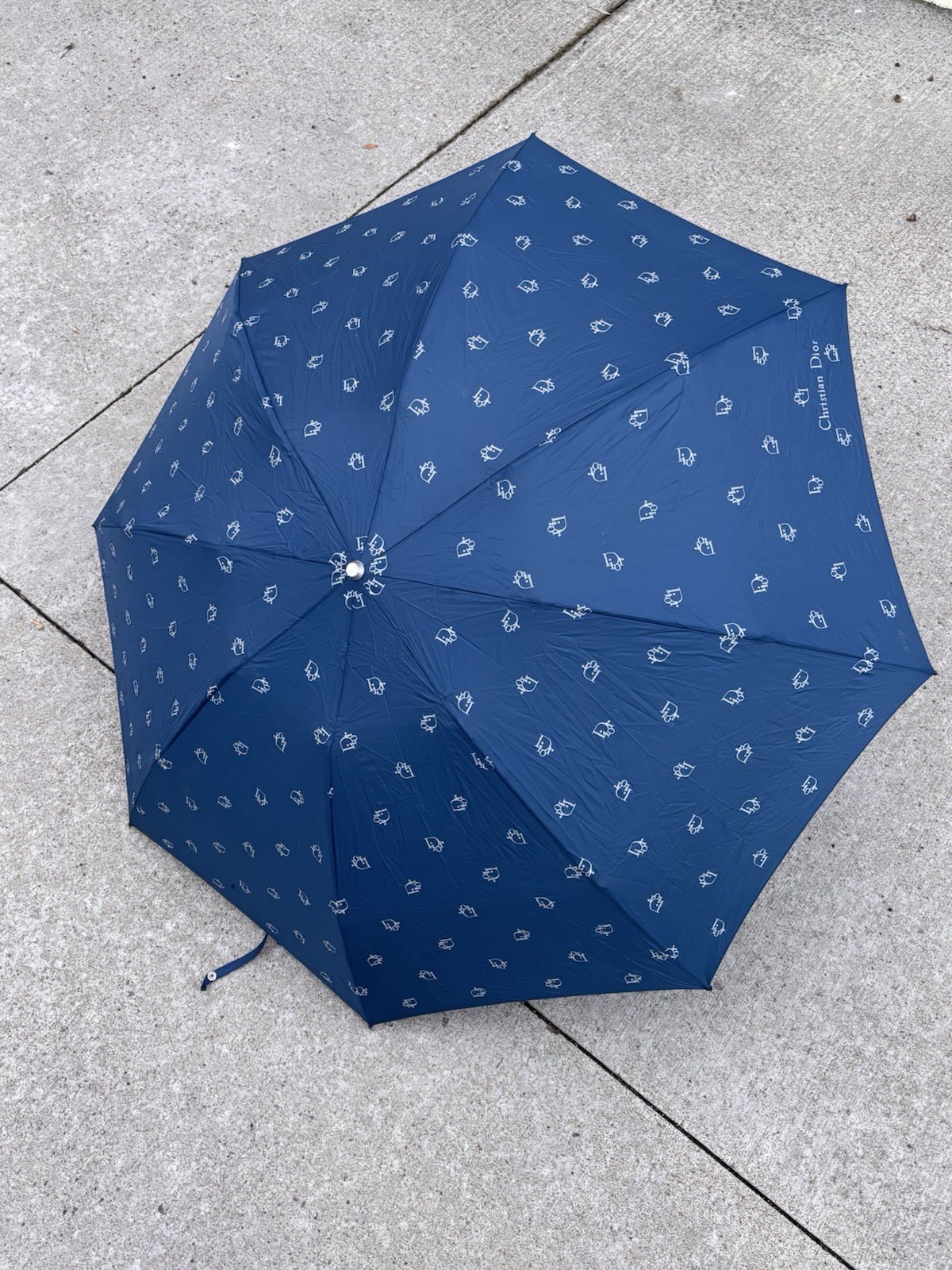 Vintage Dior Trotter Blue Monogram Umbrella with Leather Case. Christian Dior