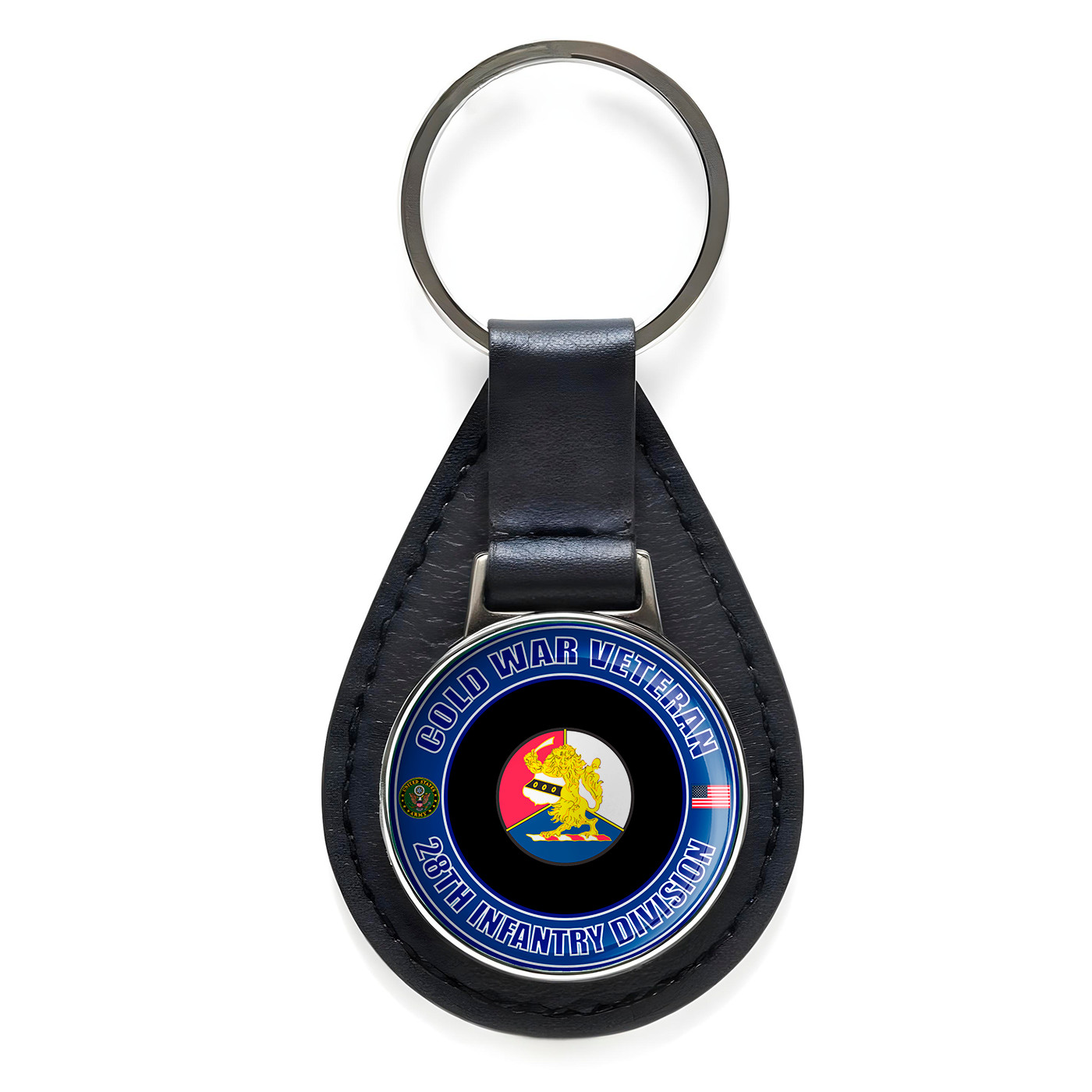 Cold War Veteran 28th Infantry Division Black Leather Keychain Silver Keyring