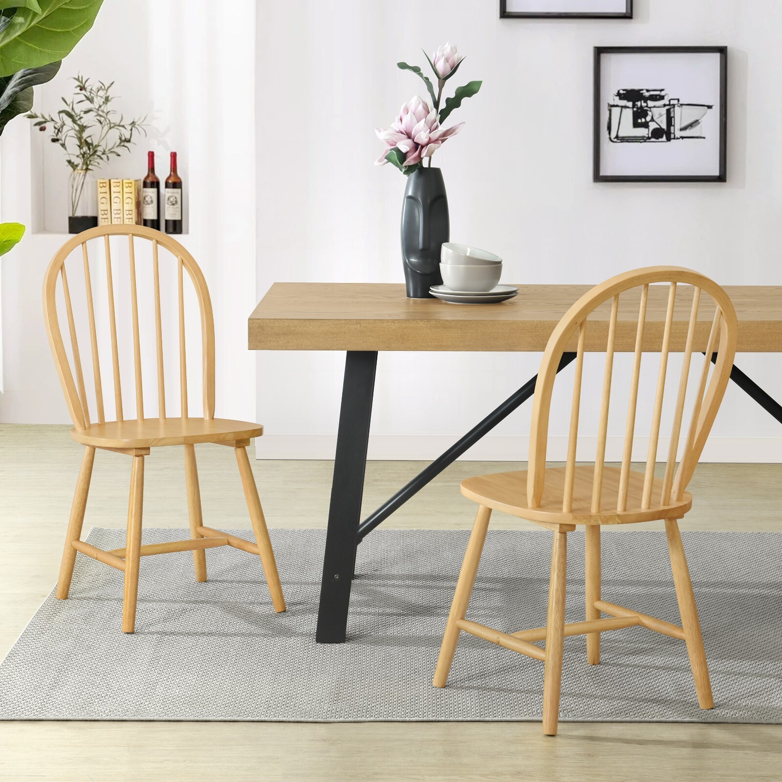 Set of 2 Farmhouse Spindle Back Dining Chairs with Rubberwood Frame