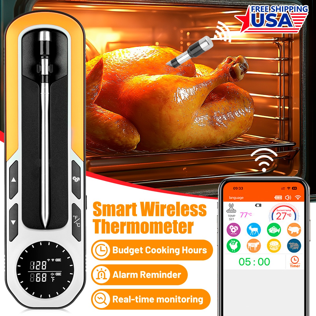 500FT Wireless Smart Meat Thermometer Bluetooth w/ APP Oven Smoker Sous Vide US