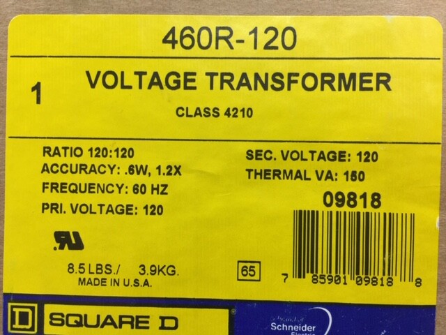 New in Box  Square D 460R-120 Line to Line Voltage Transformer Ratio 120:120