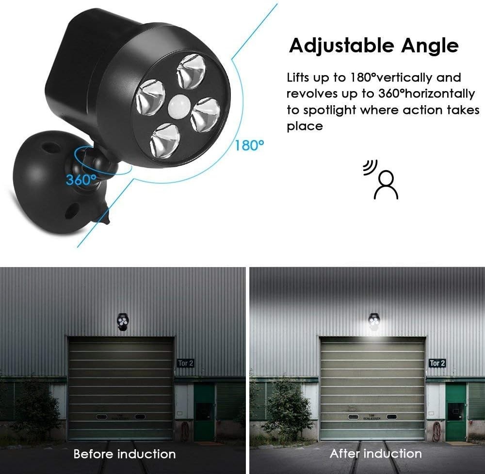 Battery Powered Security Lights Motion Sensor Outdoor Lamp Spotlight with 4LEDs