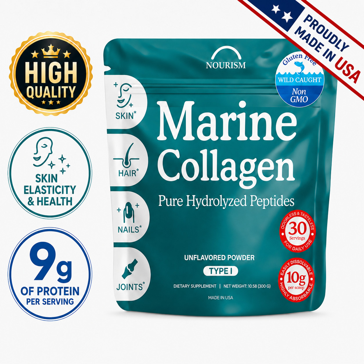 Marine Collagen Powder Hydrolyzed Type I 10.58oz Wild Caught Fish Peptides