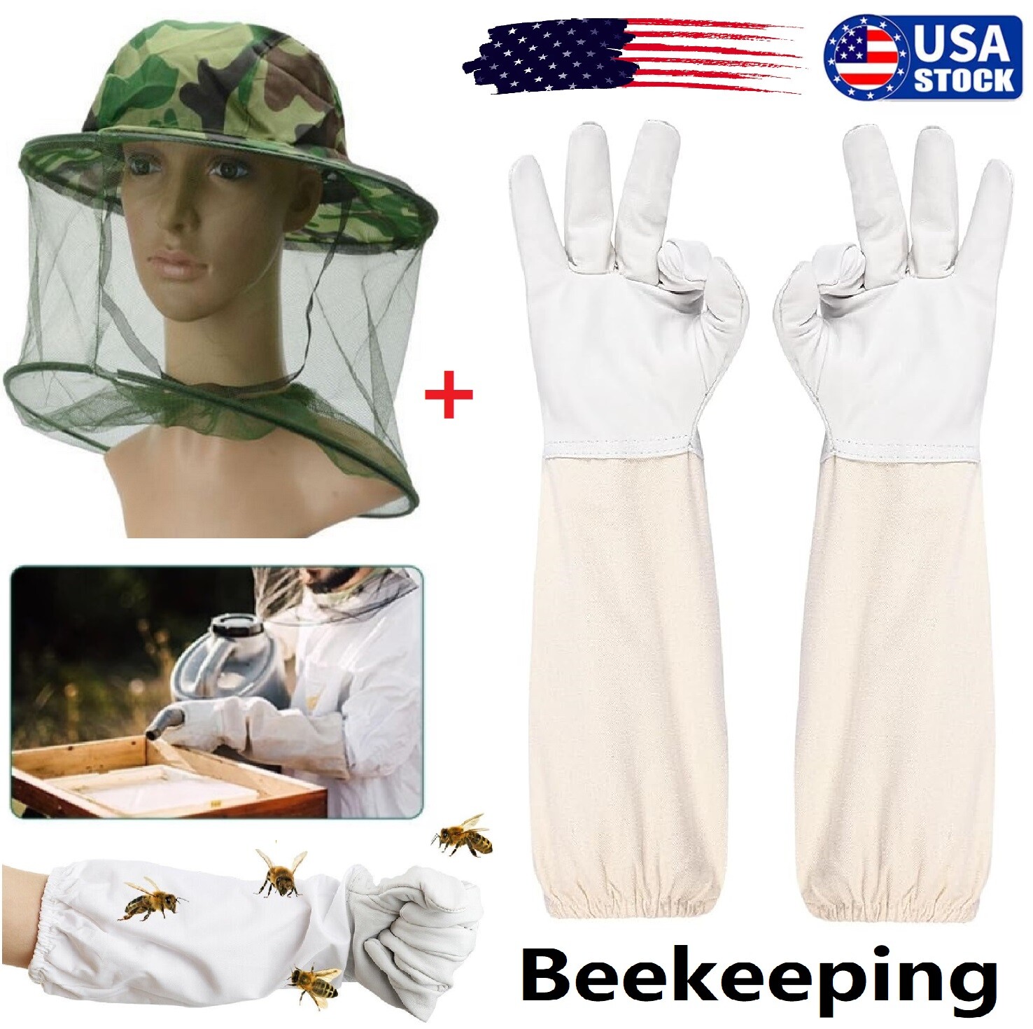 2× Beekeeping Hat + Bee Beekeeper Gloves Protective XL Long Sleeves Glove Set US