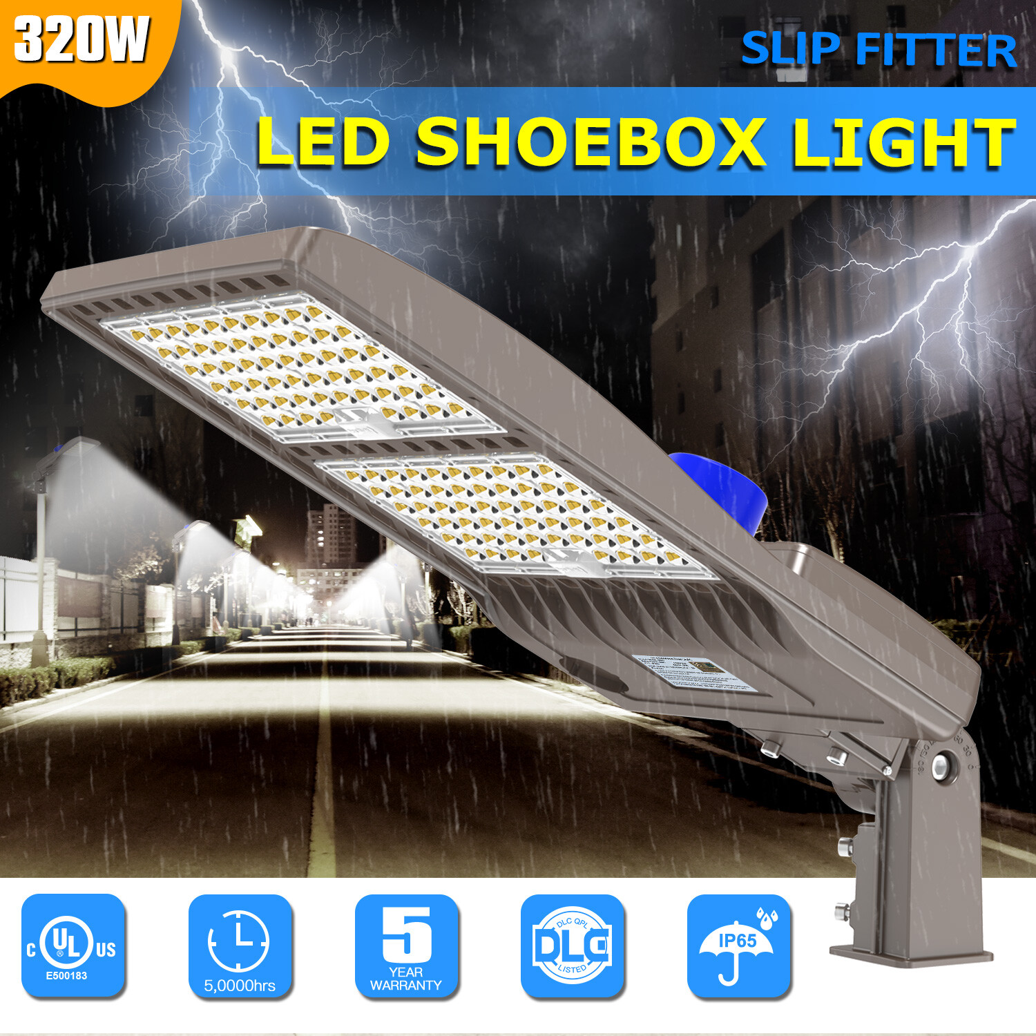 320W LED Parking Lot Light Street Shoebox Pole Lighting Fixture Dusk to Dawn DLC