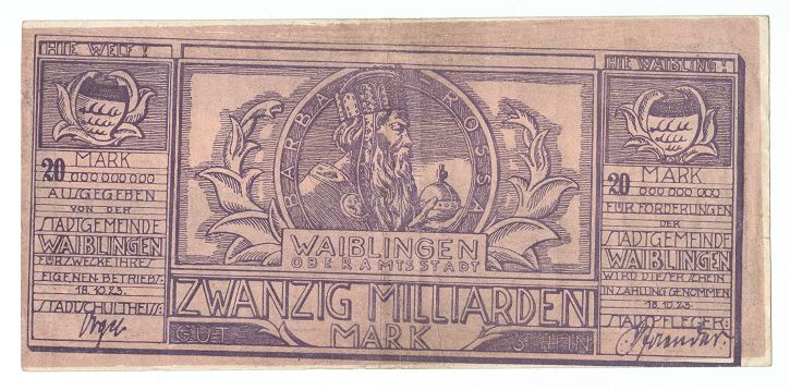 GERMANY BANKNOTE 20 BILLION MARK WAIBLINGEN 1923
