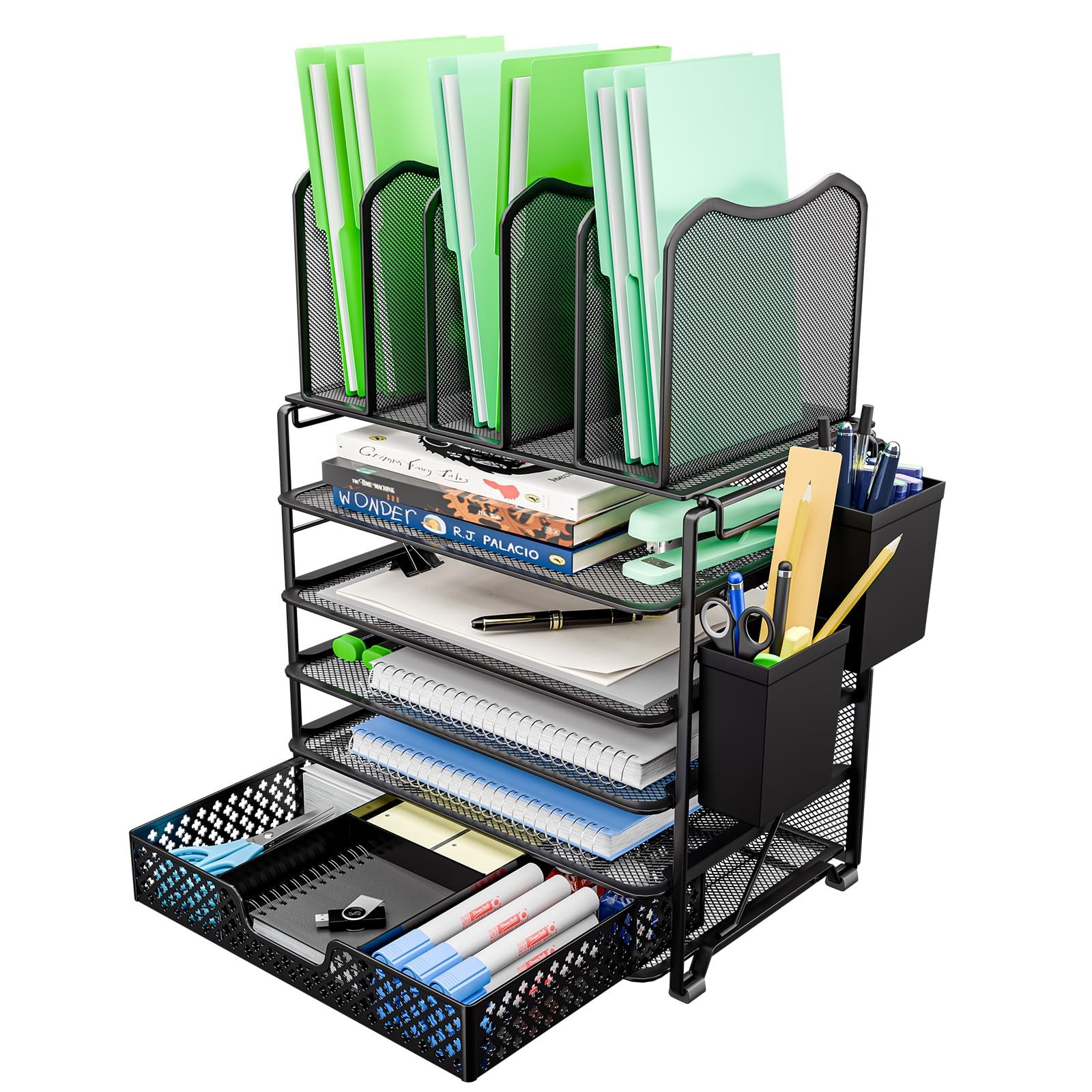 5~Tier Mesh Desk File Organizer with Sliding Drawer, Black