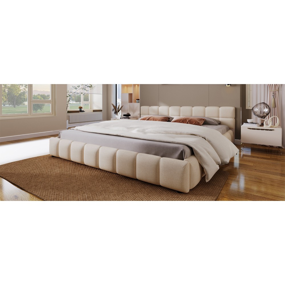 King Size Chenille Upholstered Bed w/ Checkerboard Headboard, Beige