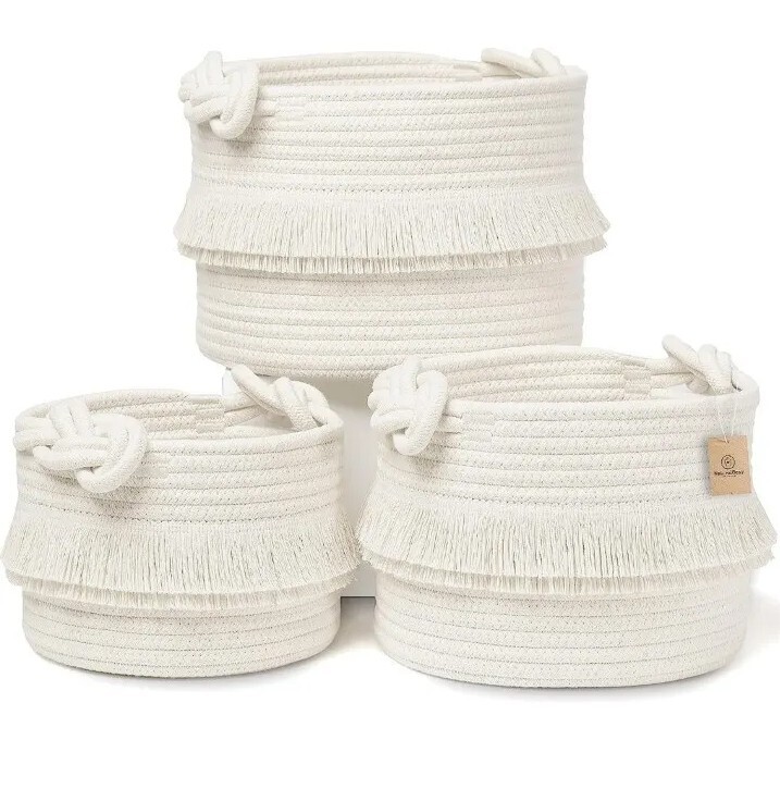 NaturalCozy 3-Piece Decorative Storage Basket Set – Cotton Rope Woven Baskets