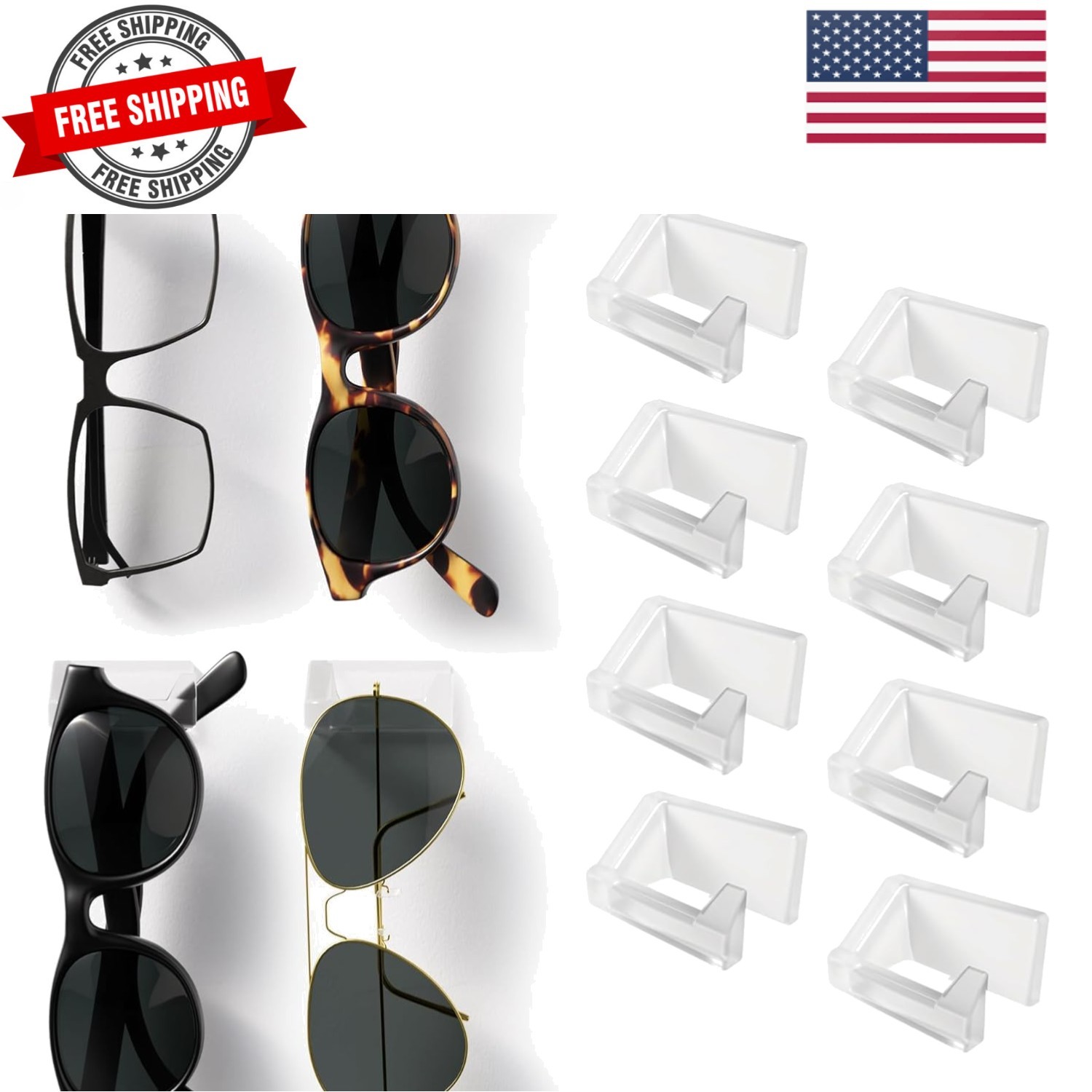 Adhesive Sunglass Organizer Wall 8-Pack - Strong and Compact Glasses Holder, ...