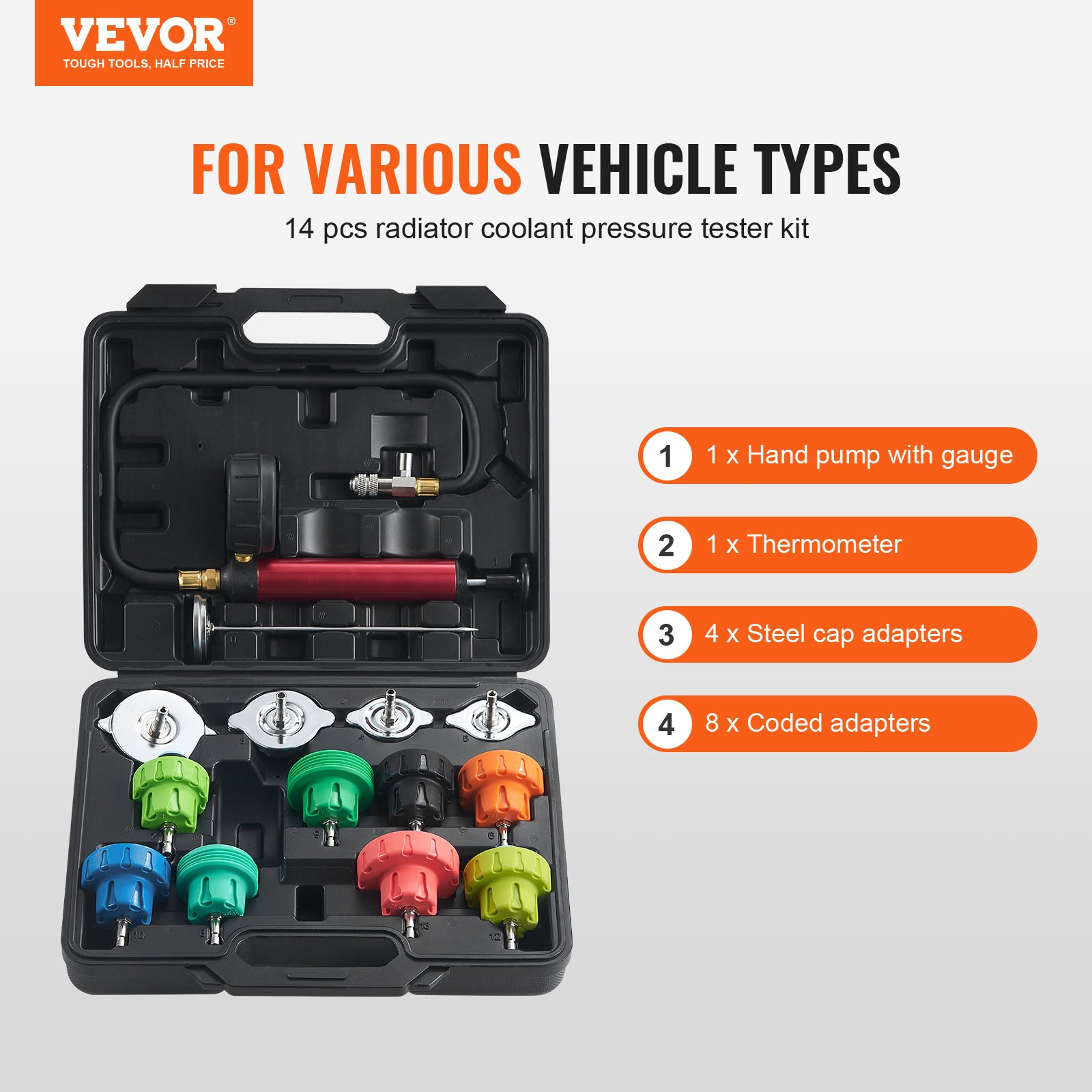 14pcs Radiator Pressure Tester Kit, Coolant Test Tool for Cars Trucks