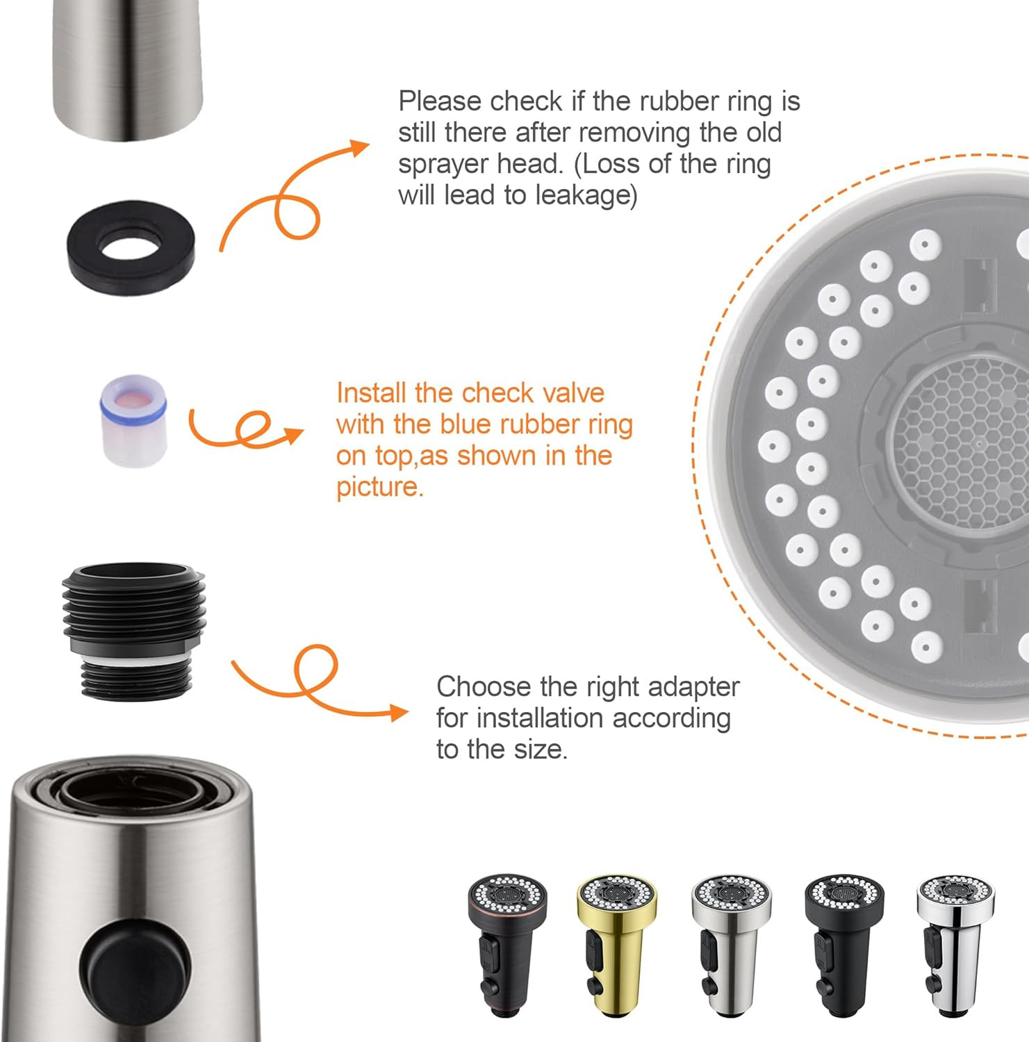 Pull down Spray Head Replacement - for Kitchen Faucet Sprayer Head with 15 Adapt