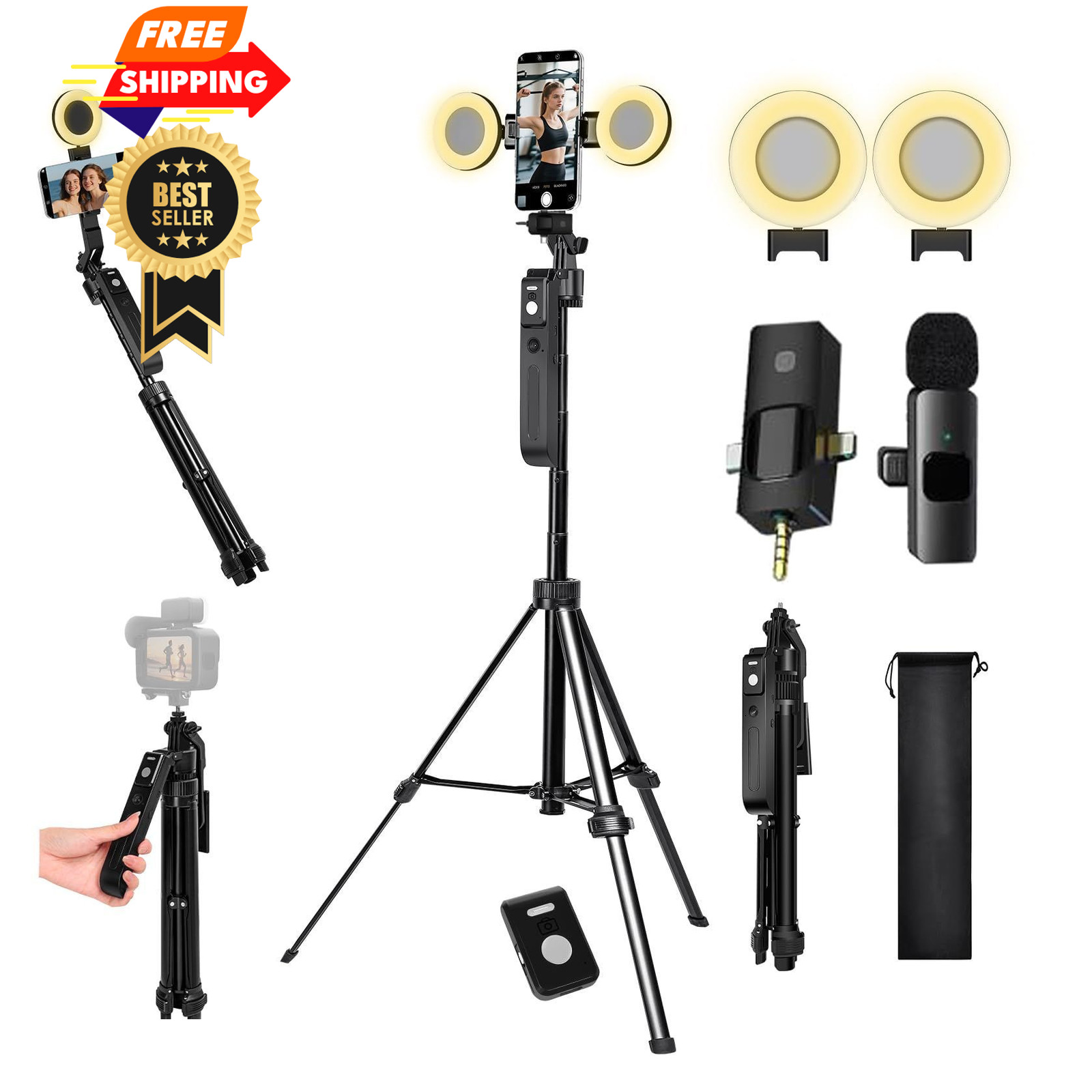 Litchitech Vlogging Kit for iPhone/Andriod,70.9″ Auto Face Tracking Black