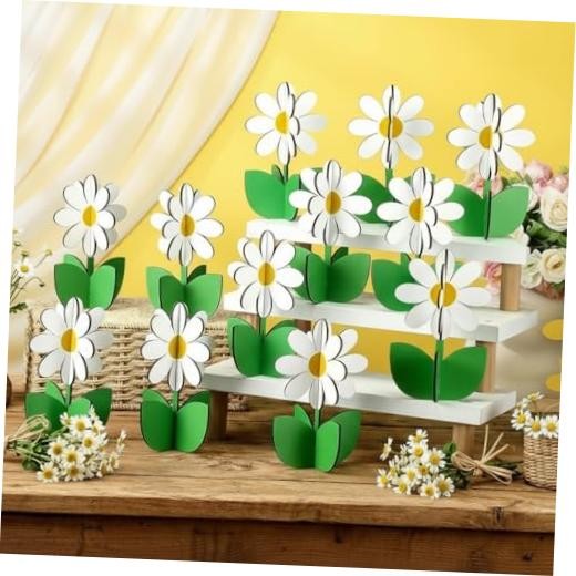 24 Pcs Summer Table Decorations 3D Flower Wooden Block Signs - One Size Daisy
