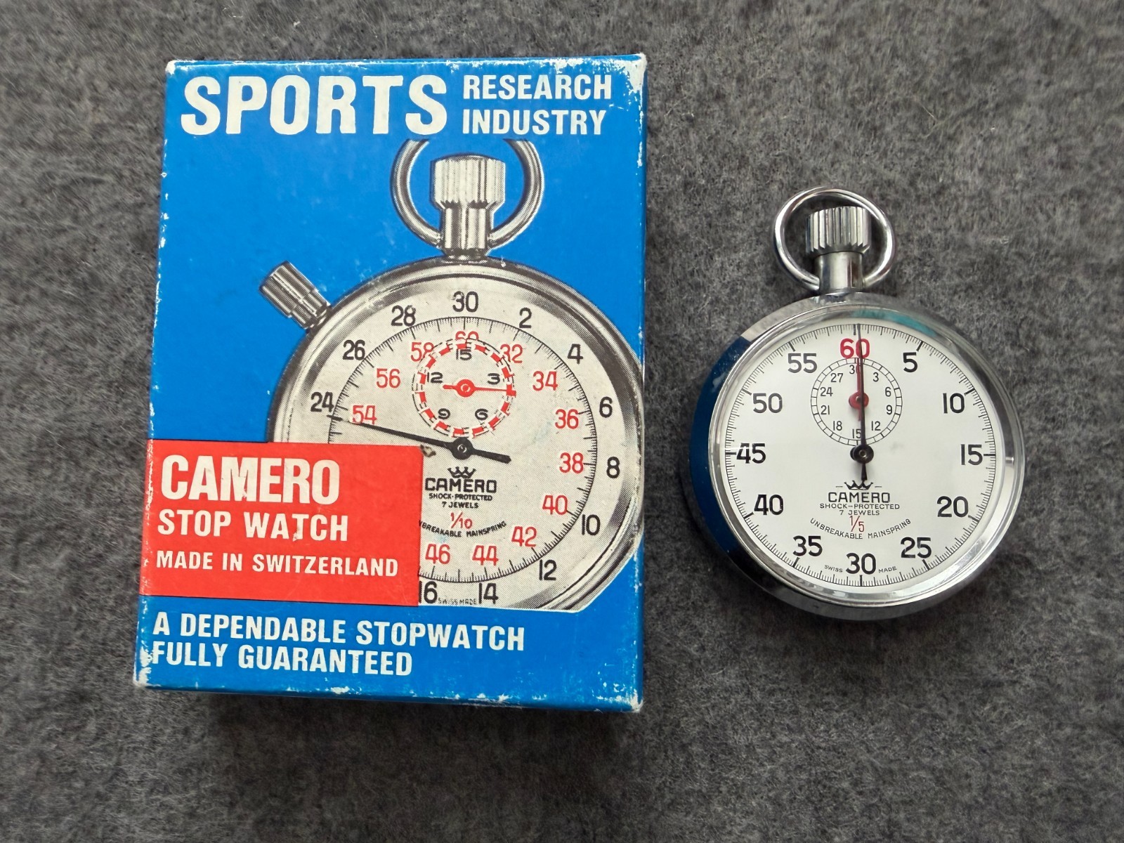 Swiss Made Camero 7 Jewels Mechanical 1/5 Wind Up Stop Watch with the Box