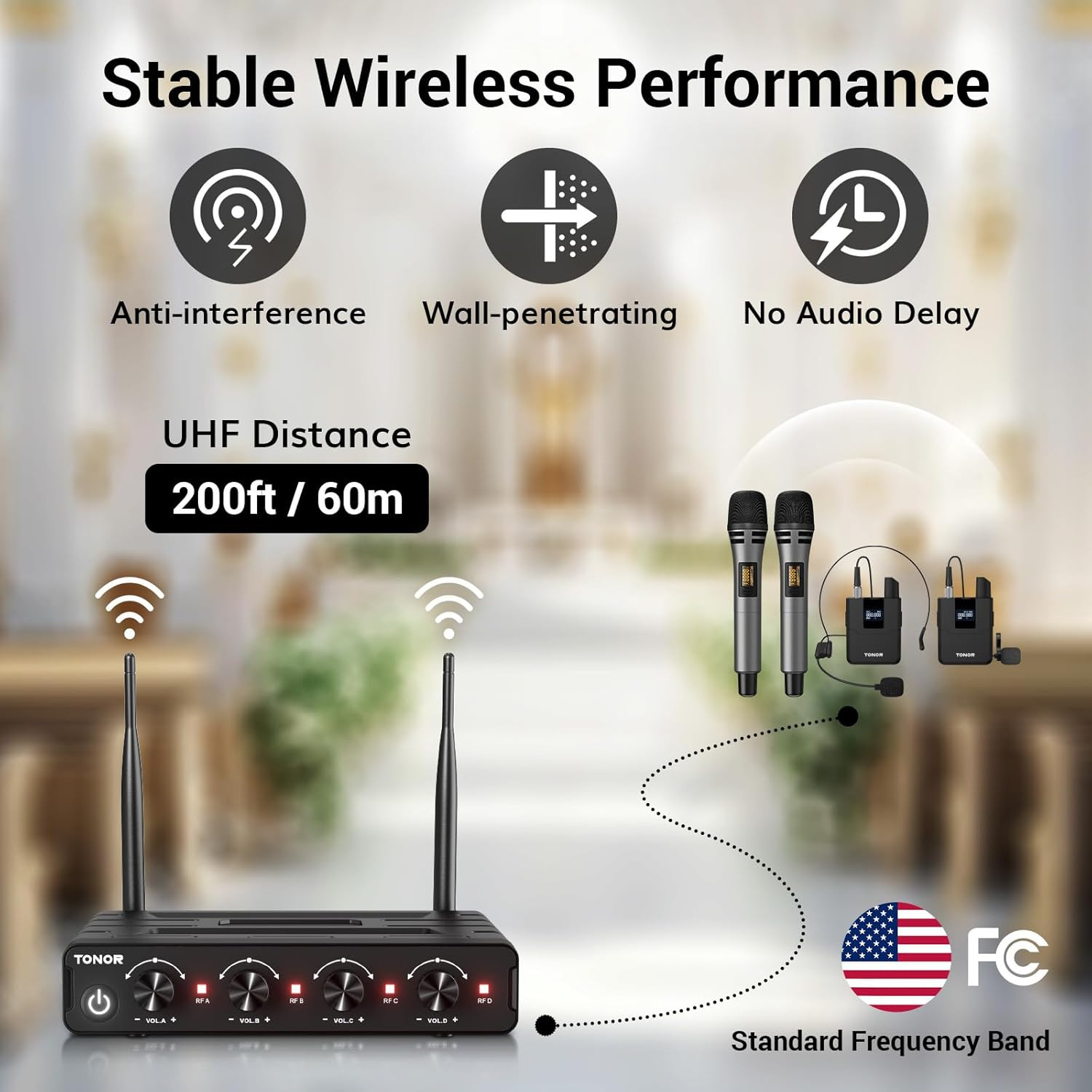 Wireless Microphone System, 4 * 10-Channel UHF Cordless Handheld Mic Set with He