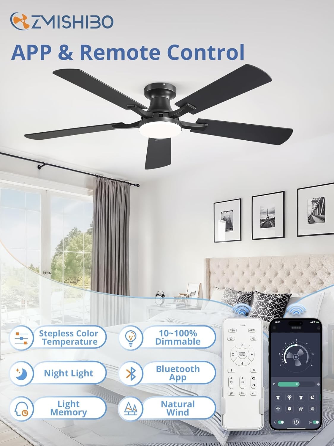 52 Inch Ceiling Fan with Light, App & Remote Control, Flush Mount Low Profile