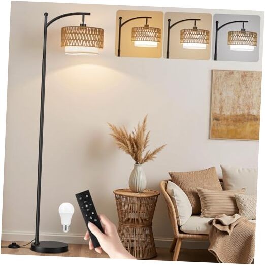 Arc Floor Lamp for Living Room with Remote, Boho Standing Lamp Rustic Black
