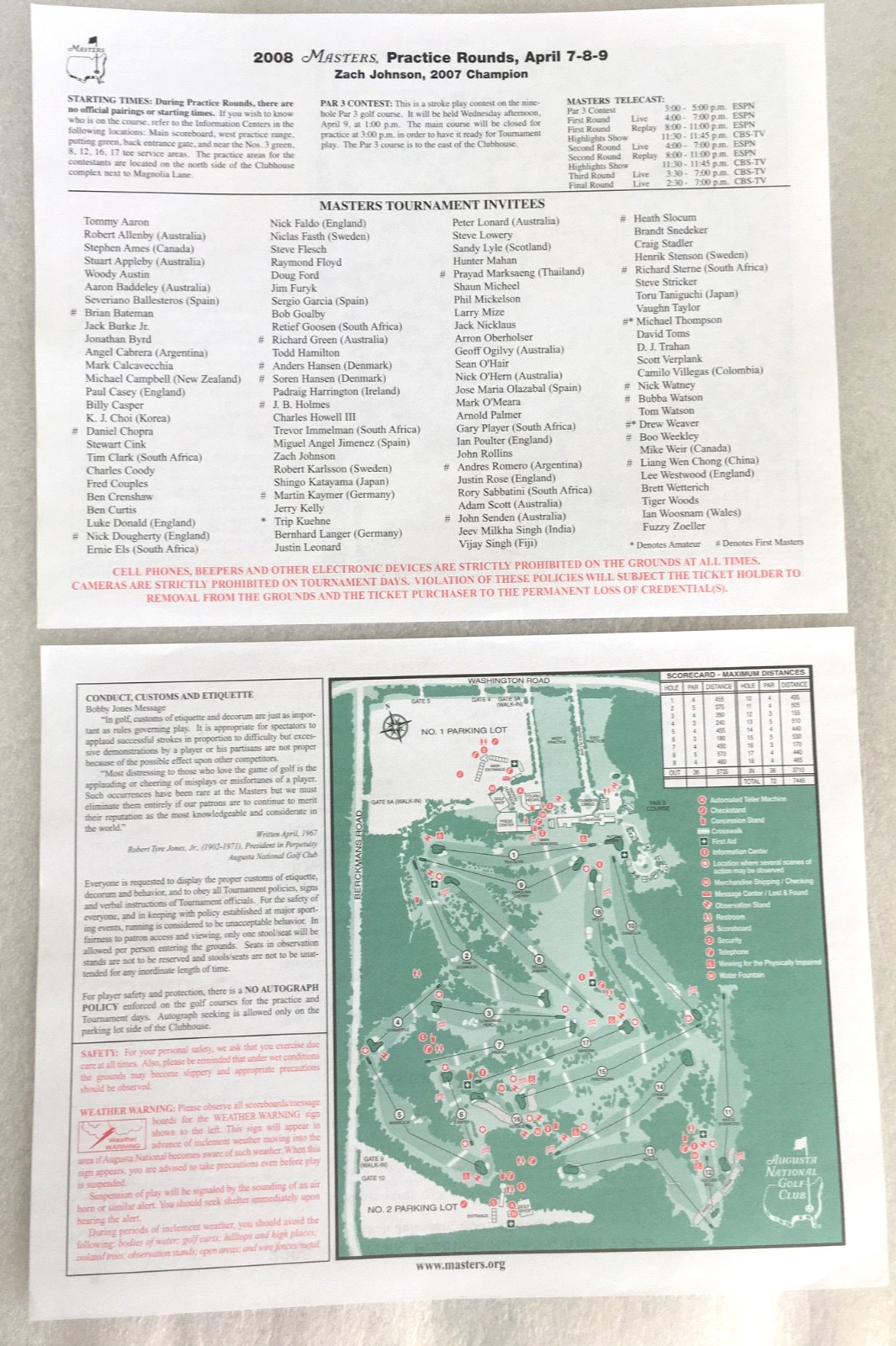2008  MASTERS GOLF TOURNAMENT  INVITEES  LIST  &  AUGUSTA NATIONAL COURSE MAP