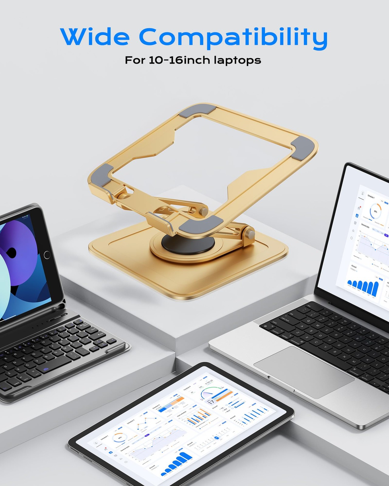 Gold Adjustable Laptop Stand 360 Rotating Base Ergonomic Riser Fits 1016 Inch