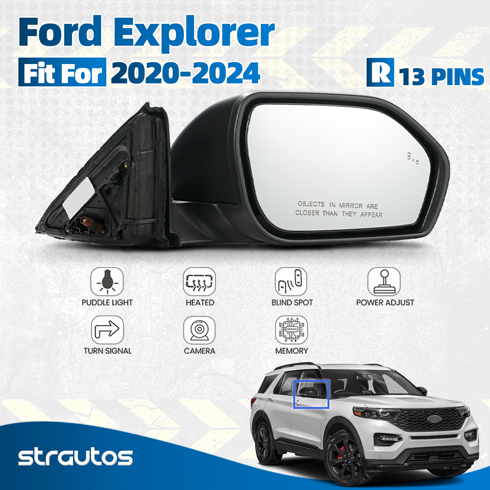 Side Mirror For 2020-2024 Ford Explorer Heated W/Blind Spot &Camera Right 13 Pin