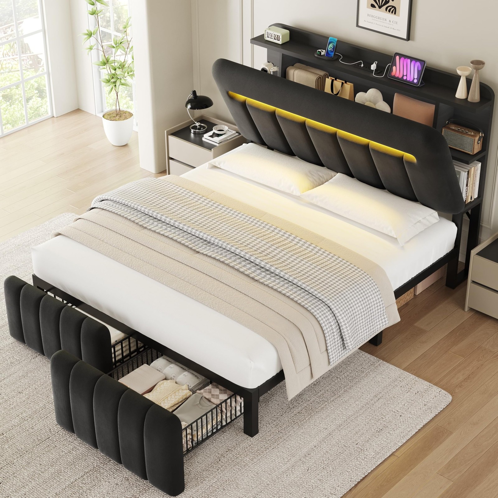 Full Size Bed Frame with Storage Headboard,Upholstered Black Bed Frame Full w...