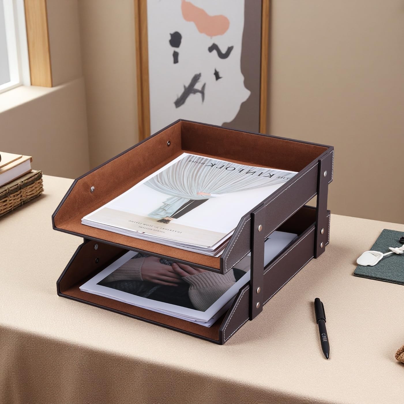 Letter Tray Leather Paper Organizer Tray Wooden Desk File Holder Desktop File