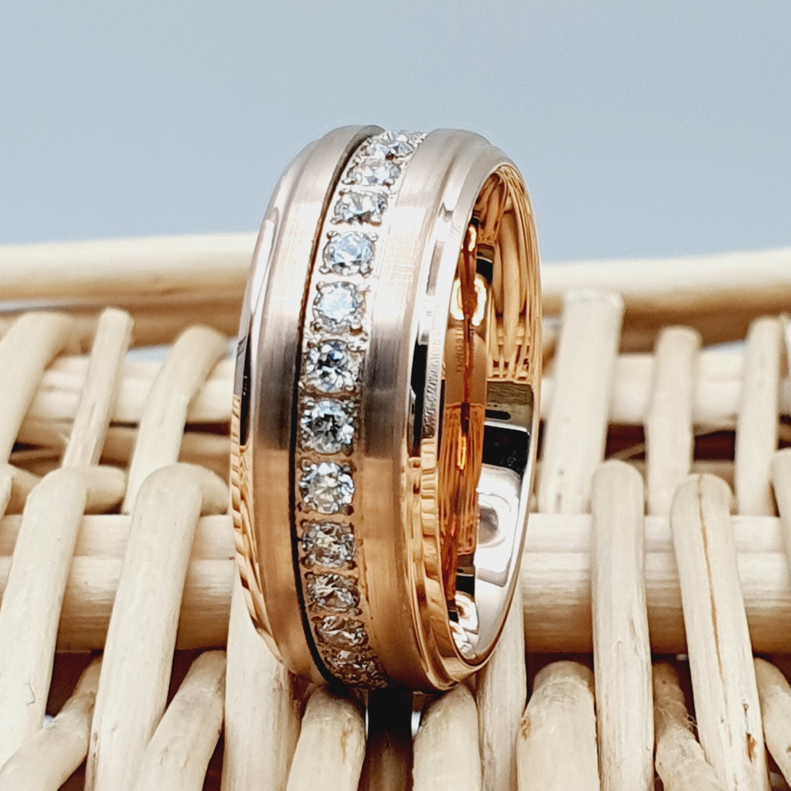 Rose Gold Tungsten Men's Wedding Band with Cubic Zirconia Man's Engagement Ring