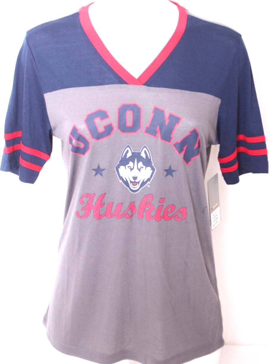 NEW UConn Huskies Colosseum Athletics Navy Gray V-Neck SS T-Shirt Women's M