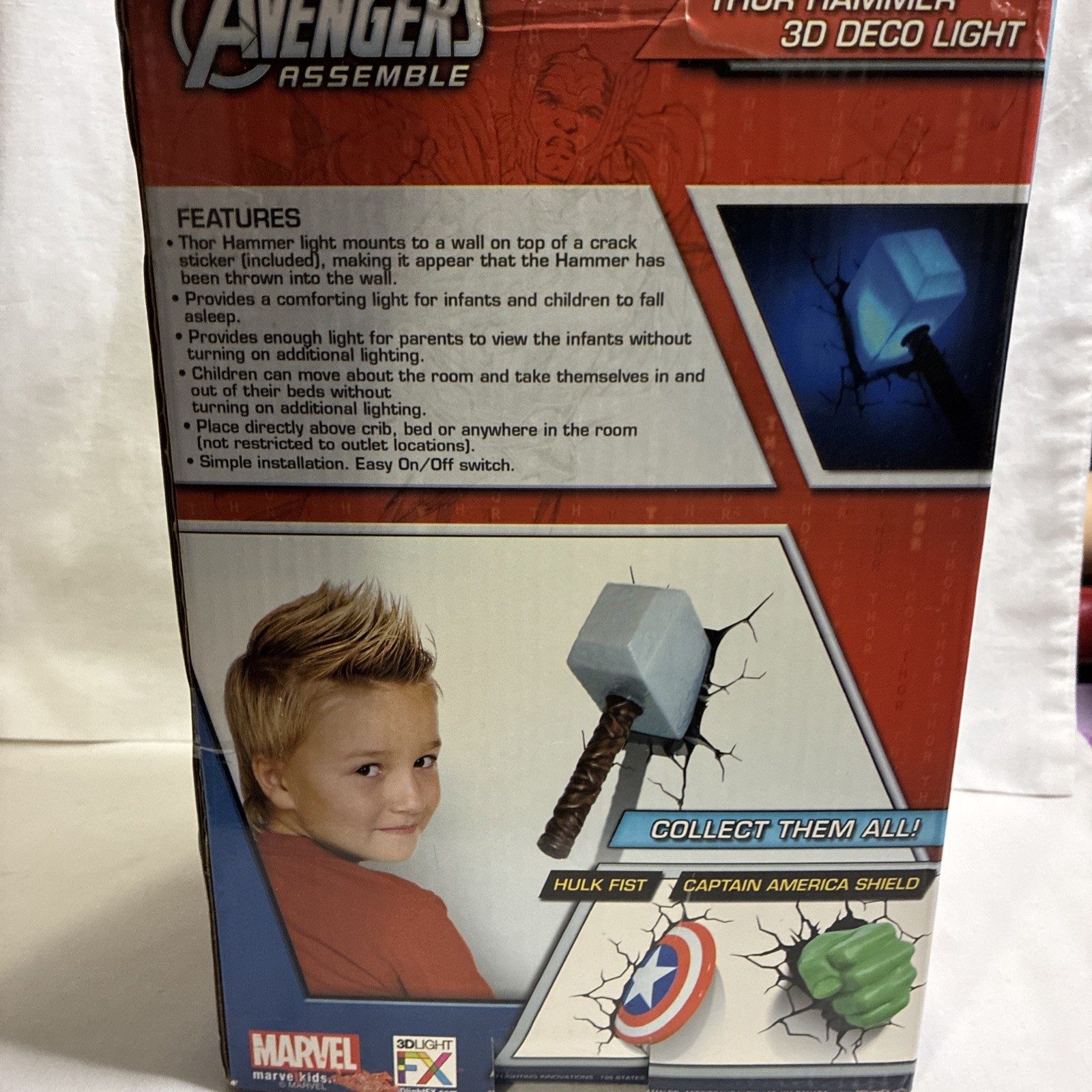 Open Box Thor Hammer 3D Deco LED Light Marvel Avengers Assemble w/Crack Sticker