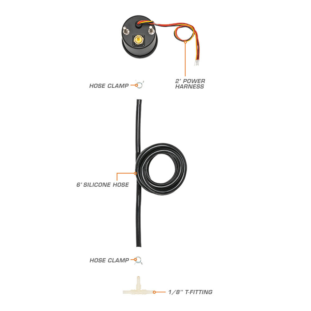 52mm Black Face Turbo Boost / Vacuum Pressure PSI Gauge w 7 Colors & Hose Kit