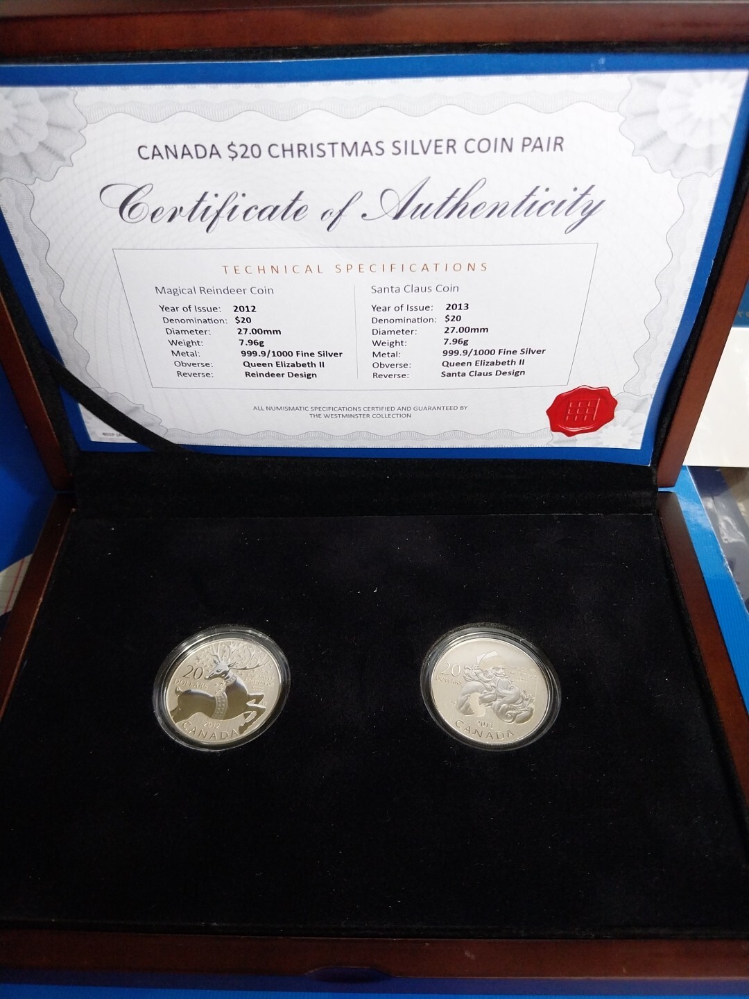 Canadian Silver 999 Christmas 20 Dollars Coin Set Box &COA