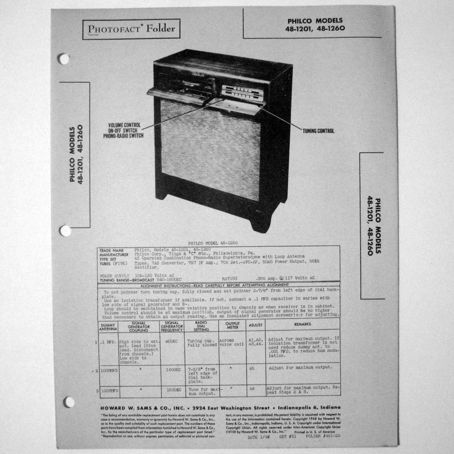 Philco Models 48-1201 48-1260 Console Radio Phono - SAMS Photofact ™ 1948 - New