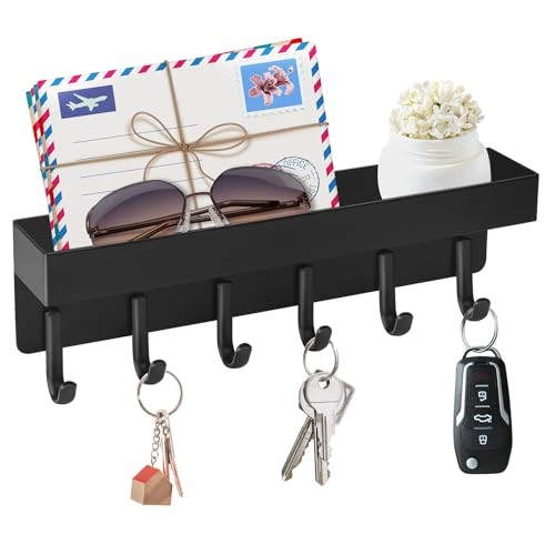 Magnetic Key Holder Wall Mount, Compact Metal Key Rack with Tray, 6 Black
