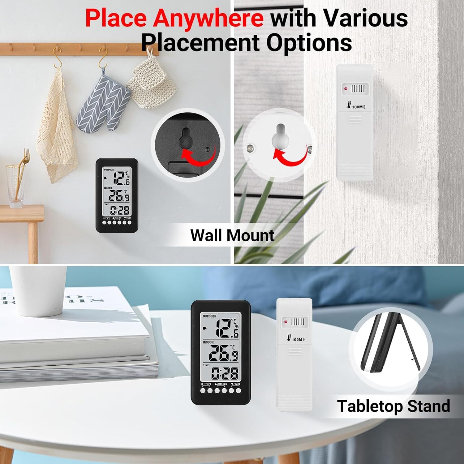 Digital Thermometer Clock Wireless Transmitter Indoor/Outdoor Temperature Meter