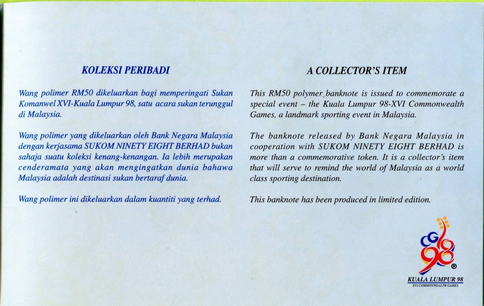 Malaysia 50 Ringgit 1998 P45 UNC - Polymer / Commemorative w/ folder