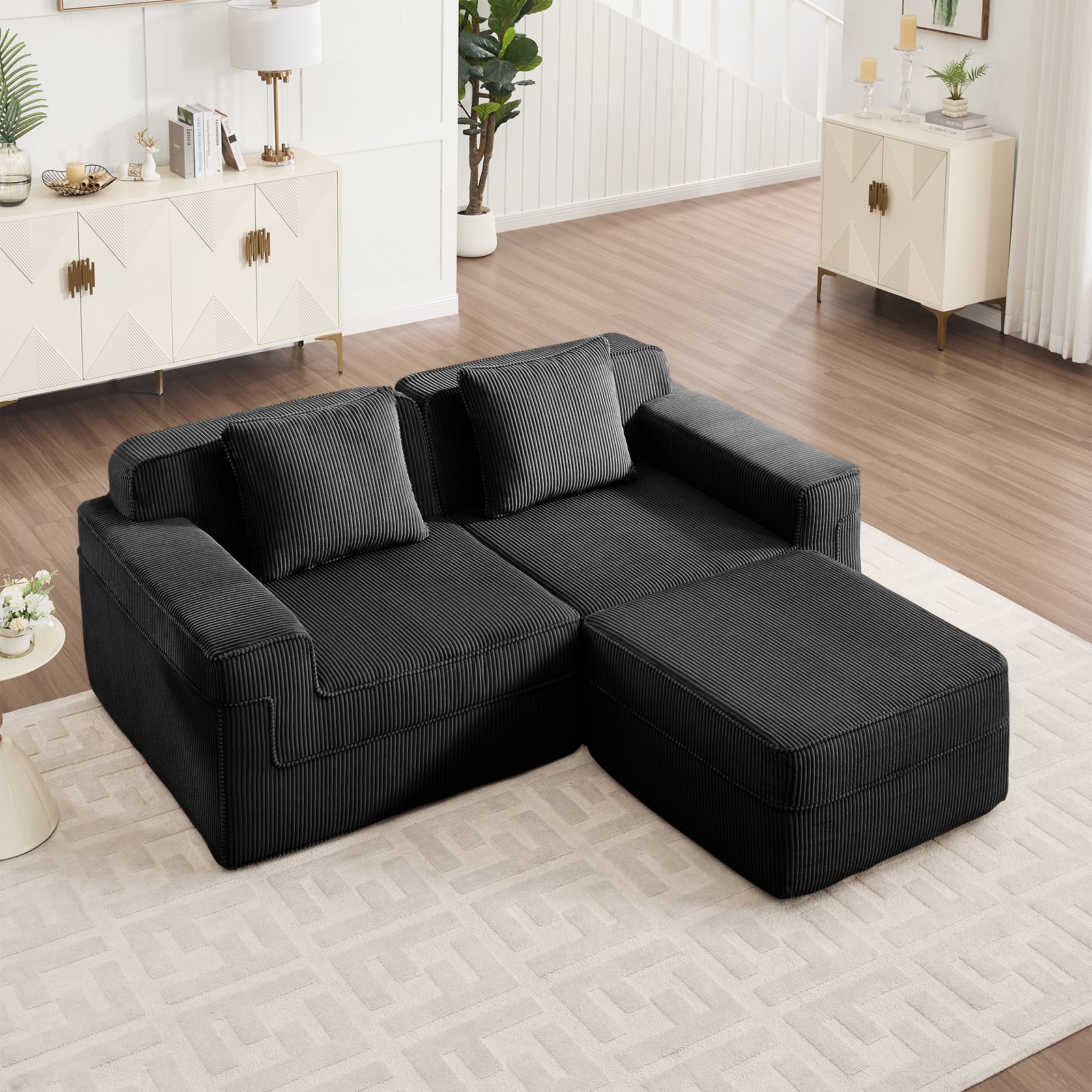 Modern L-Shape Sectional Cloud Couch w Ottoman, Corduroy, Black, 2 Seat