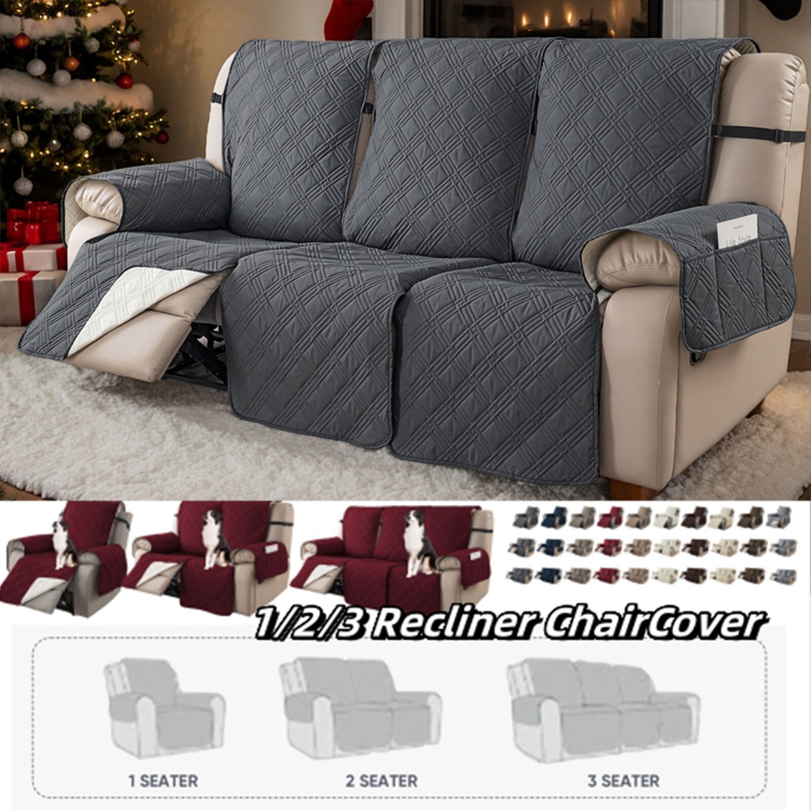 ReclinerCover 100% Waterproof Anti-Slip Large Recliner Slipcover 1/2/3Seat