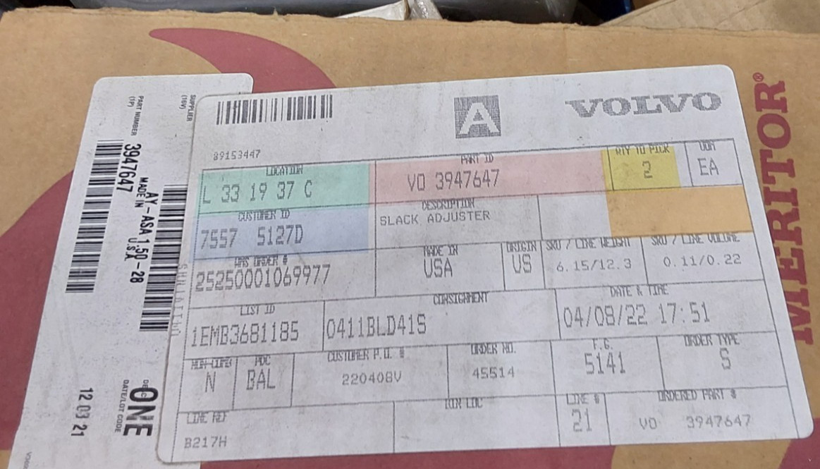Volvo 3947646 Meritor Type Slack Adjuster 5.5in