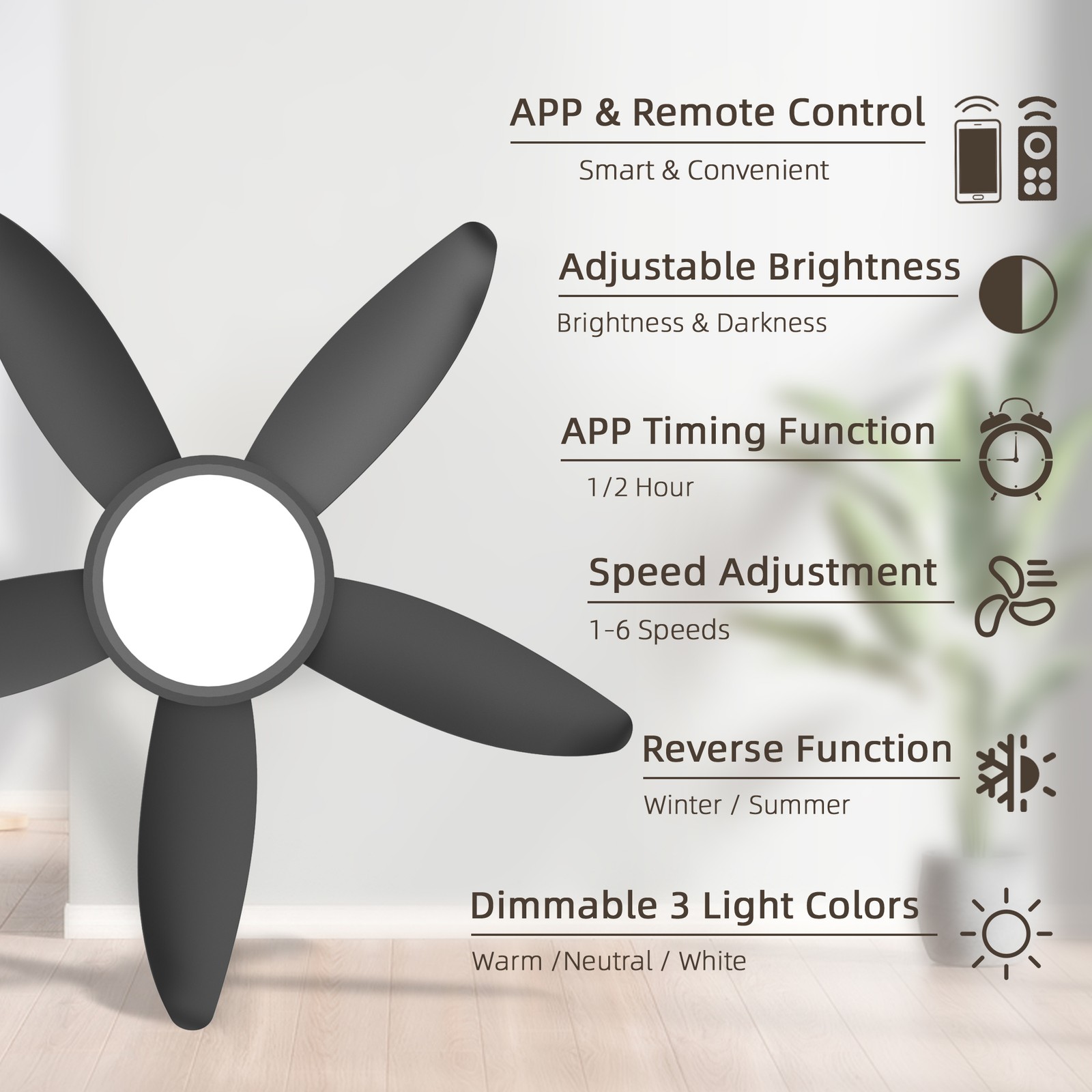 42" Low Profile Black Ceiling Fans with LED Light Flush Mount Remote APP Control