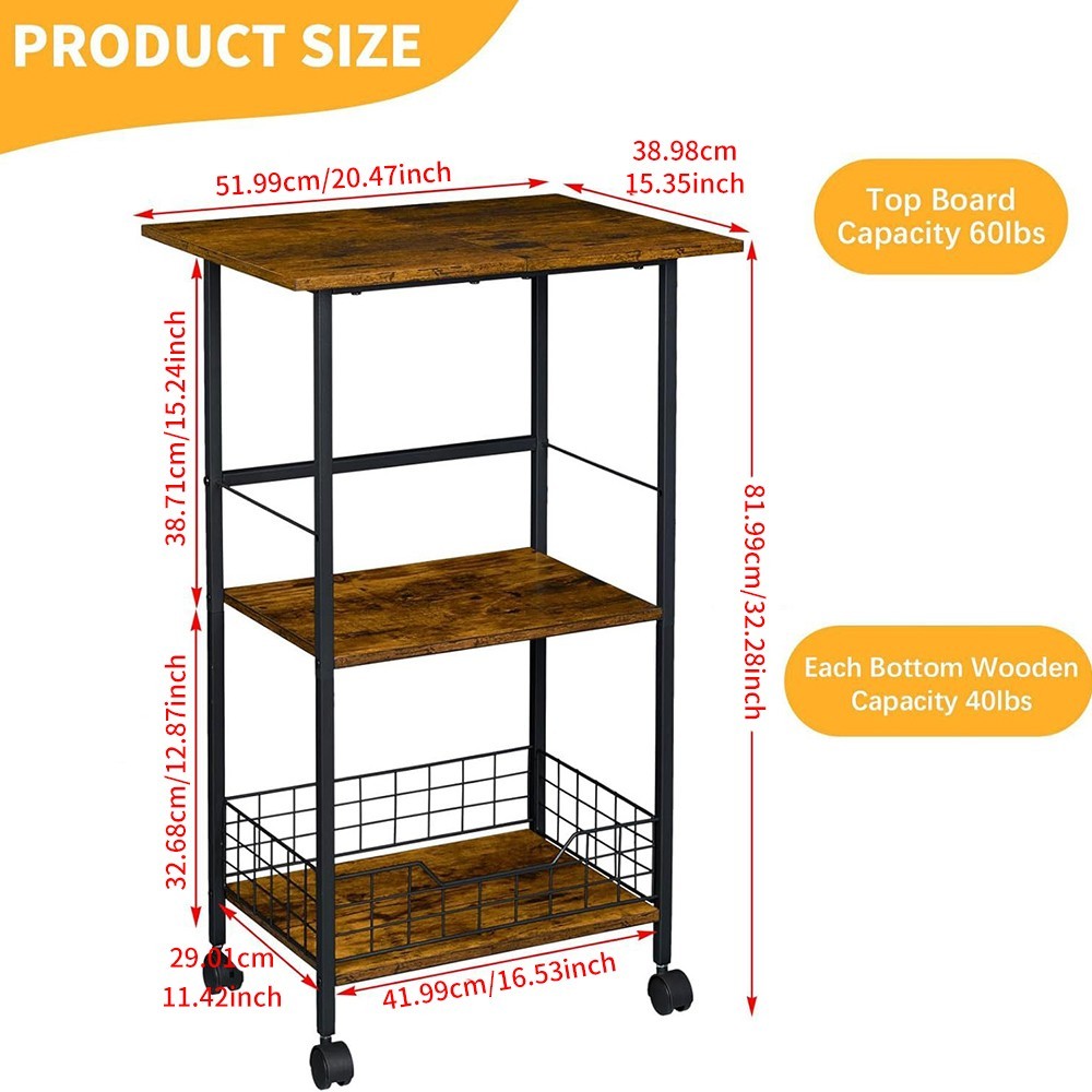 3-Tier Metal Storage Rack w/ Wheels Kitchen Carts Shelving Unit Rolling Shelf US