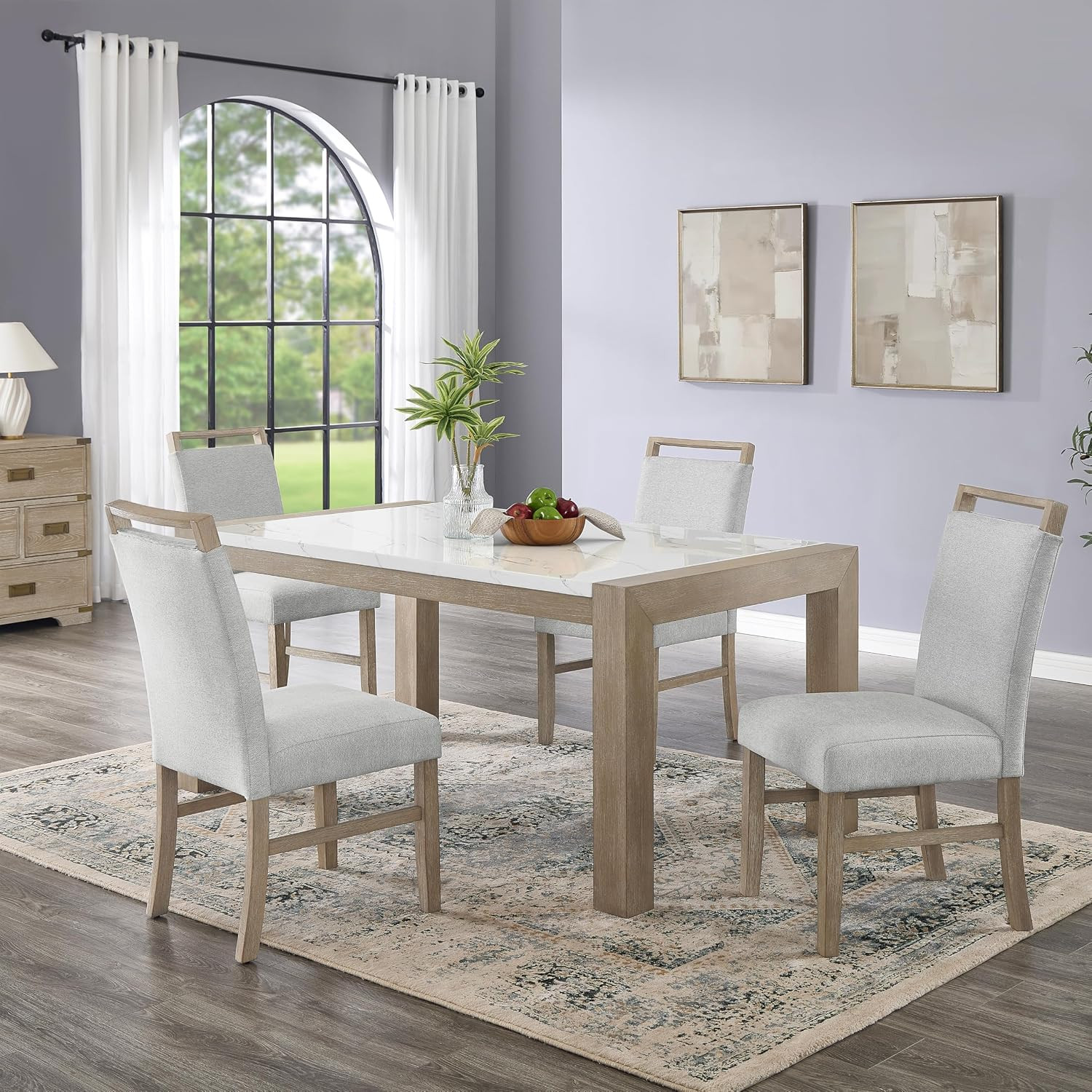 Zelalle 5-Piece Dining Set, Faux Marble Table with 4 Chairs, White Wired-Brushed