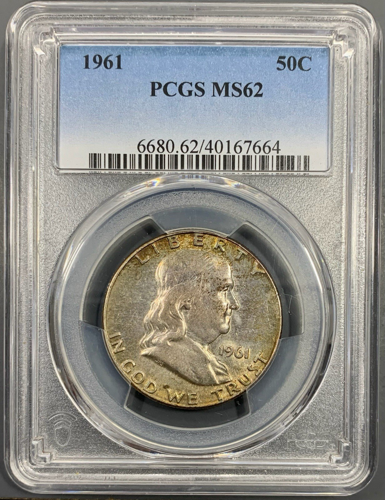 1961 PCGS MS62 Franklin Silver Half Dollar 50c - Reverse Toned
