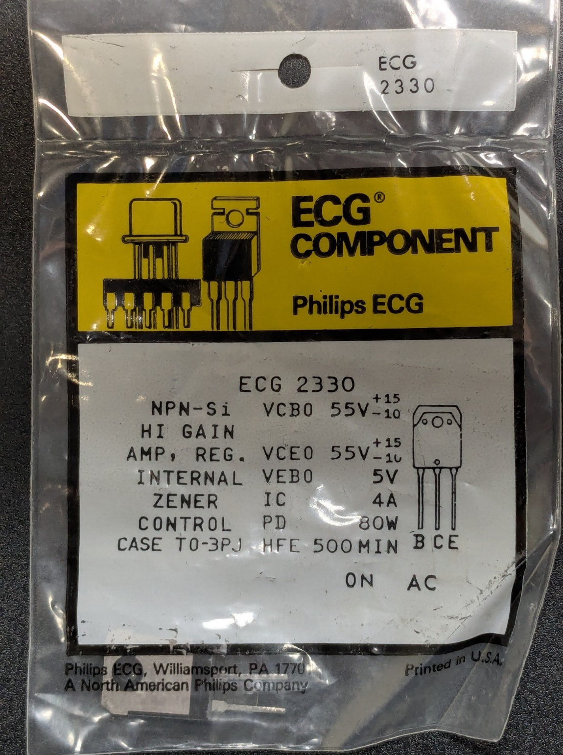 NEW ECG2330 T-NPN, Si, Darlington High Gain Amp W/ Internal Zener
