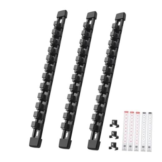 3-Piece Socket Organizer - 1/2-Inch Drive x 36 Clips, Heavy Duty 1/2" DR Black