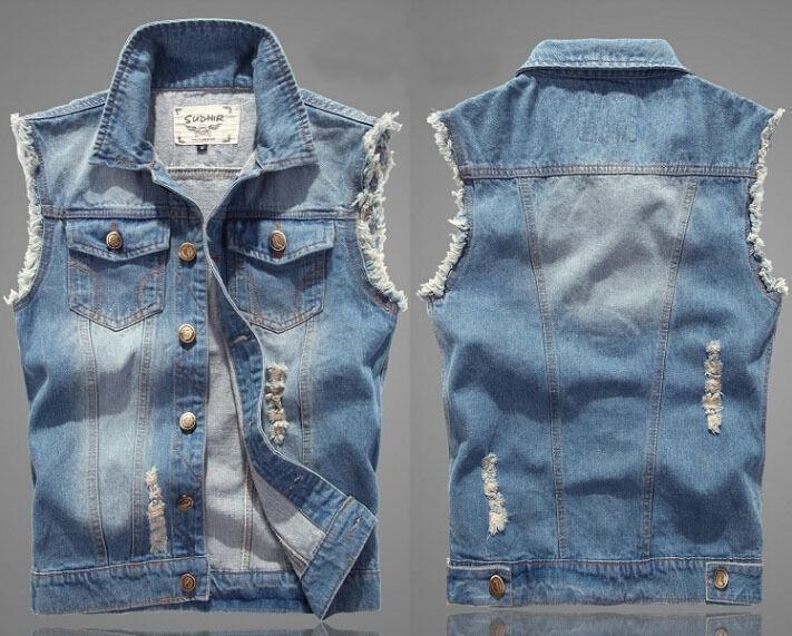 2 Color New Men Denim Vest Sleeveless Short paragraph Jacket Retro Coat US M-4XL